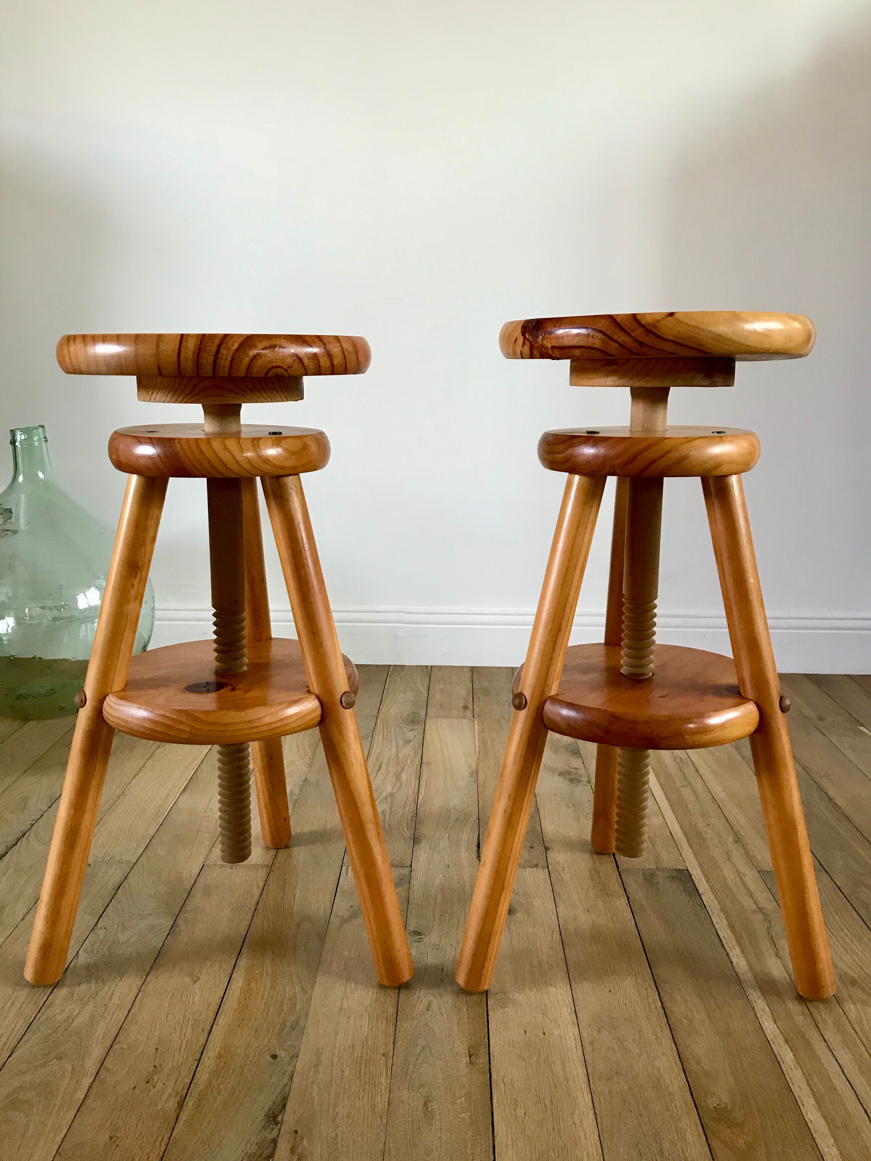 pair of adjustable architect stools pine style 60s