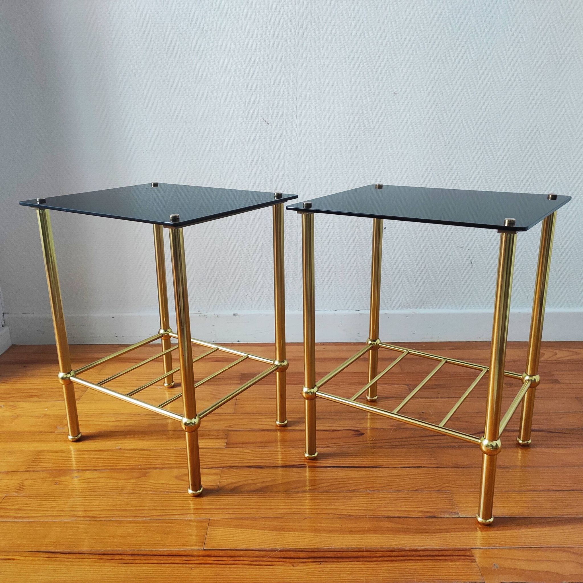 Pair of vintage 70s glass and brass sofa ends