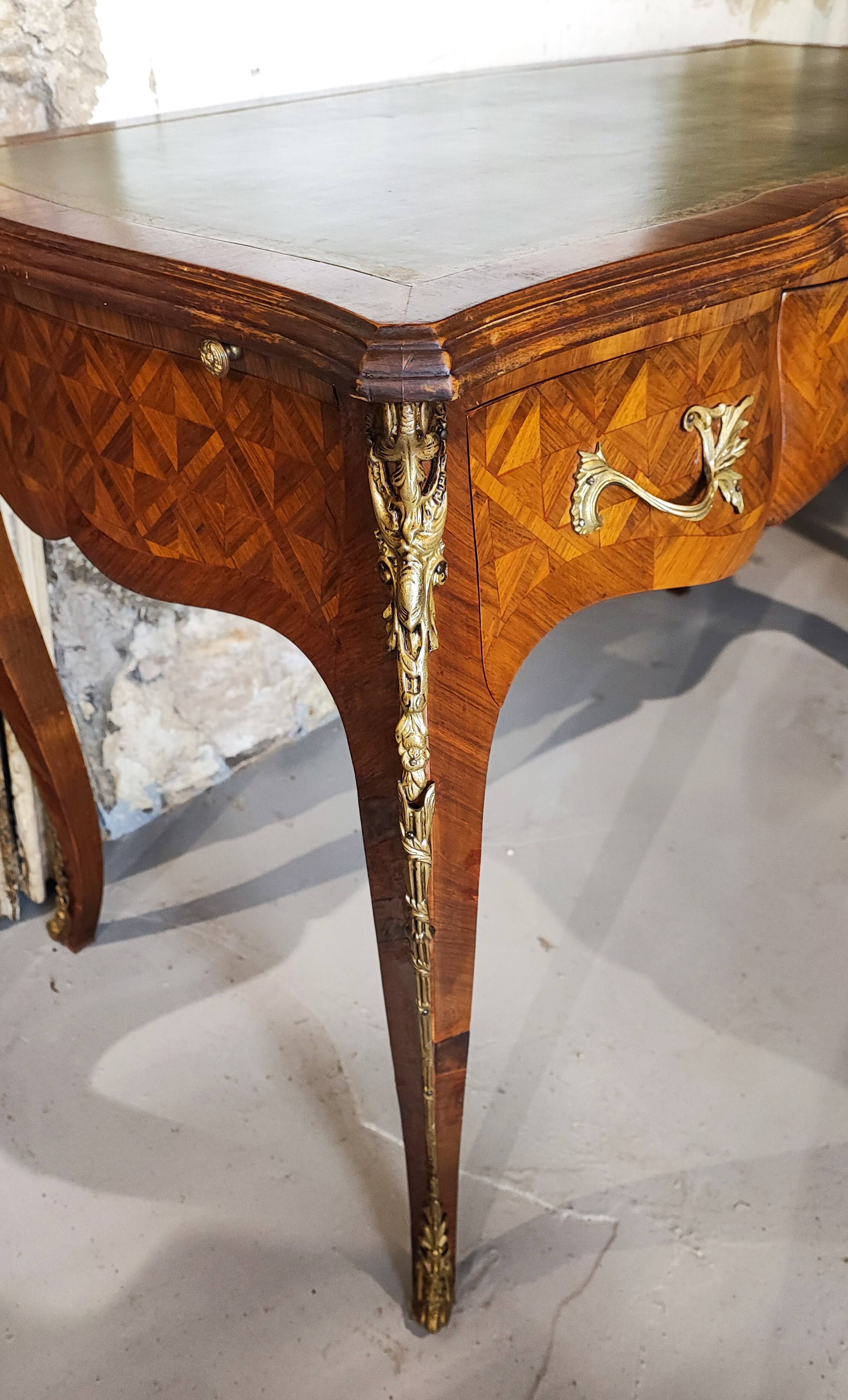 Louis XV flat desk marquetry and leather