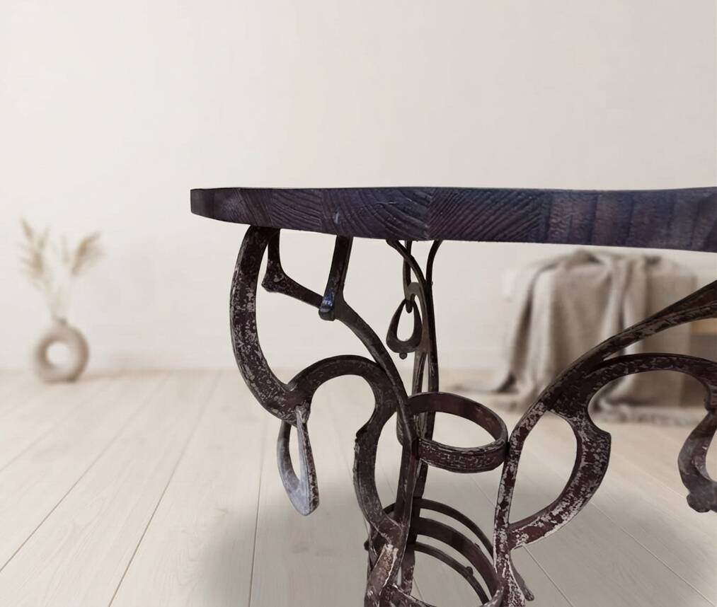 Handmade round side table with wrought iron base, circa 1980s, Czechoslovakia, 67 × 50 cm
