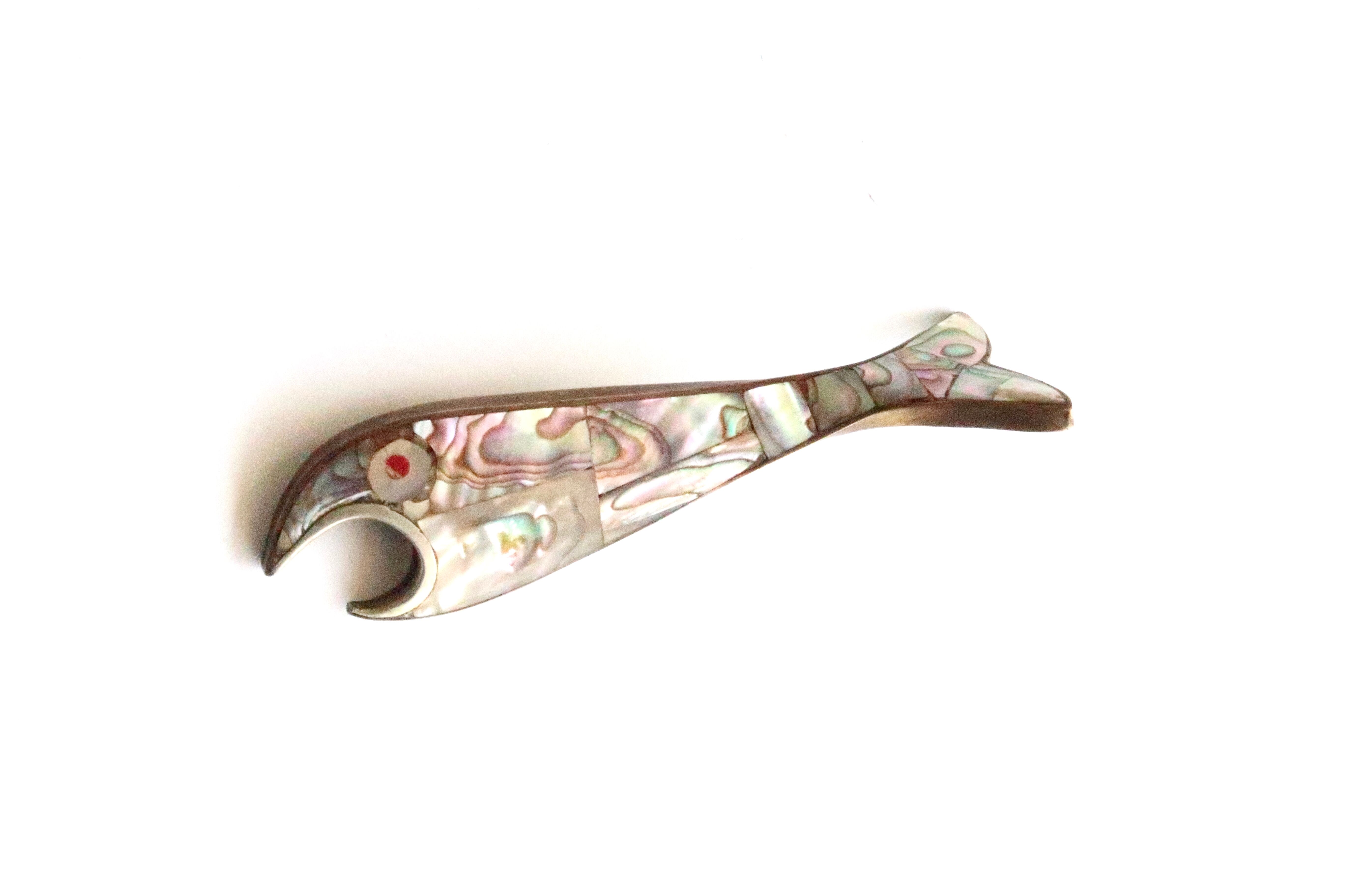 Mexican fish bottle opener in mother-of-pearl and brass, 50s