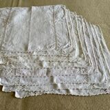 Set of 8 antique placemats embroidered and monogrammed "JS" - white - 42x35 cm - linen