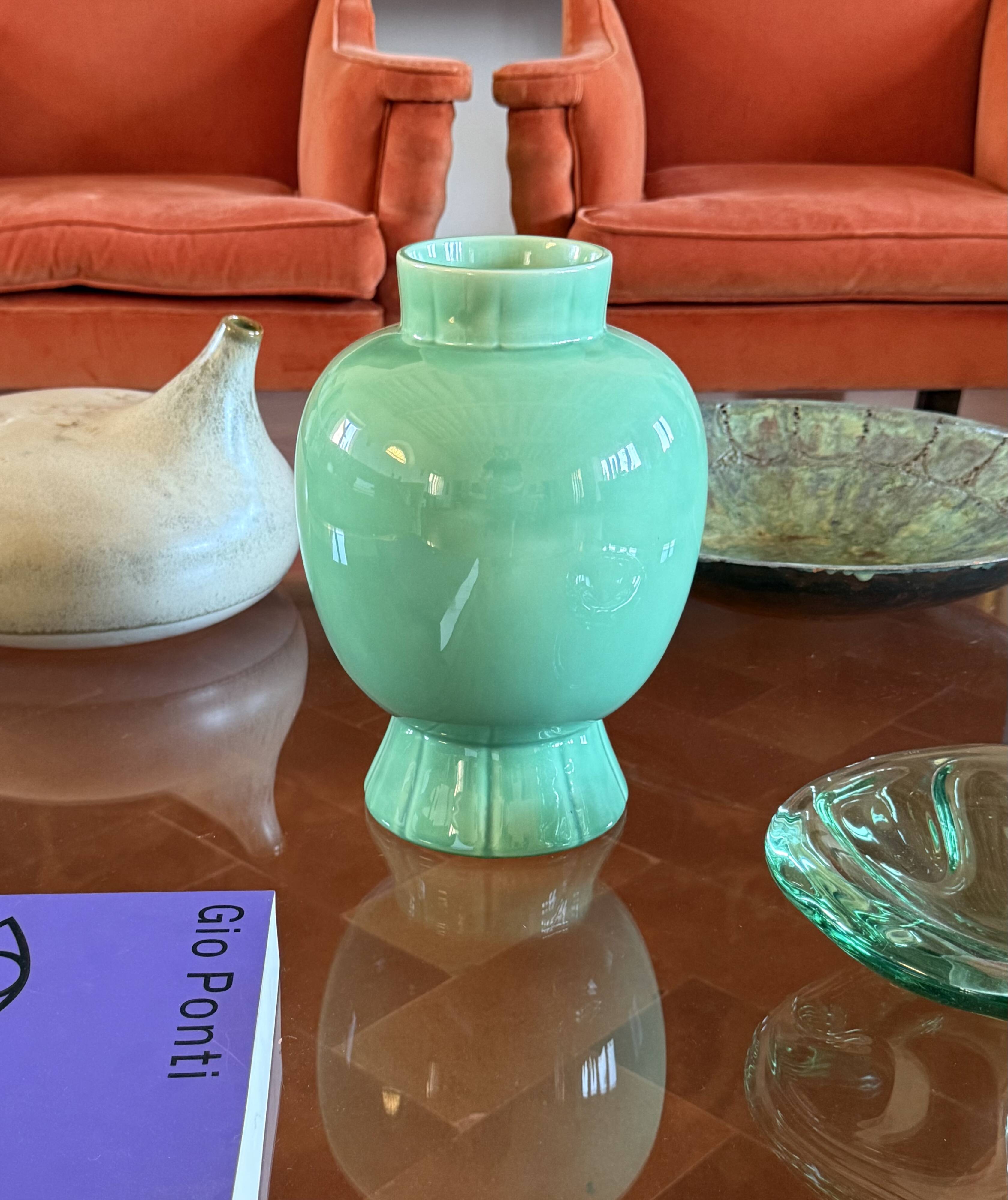 Paul Millet, Art Deco green ceramic vase, Sevres France 1930s