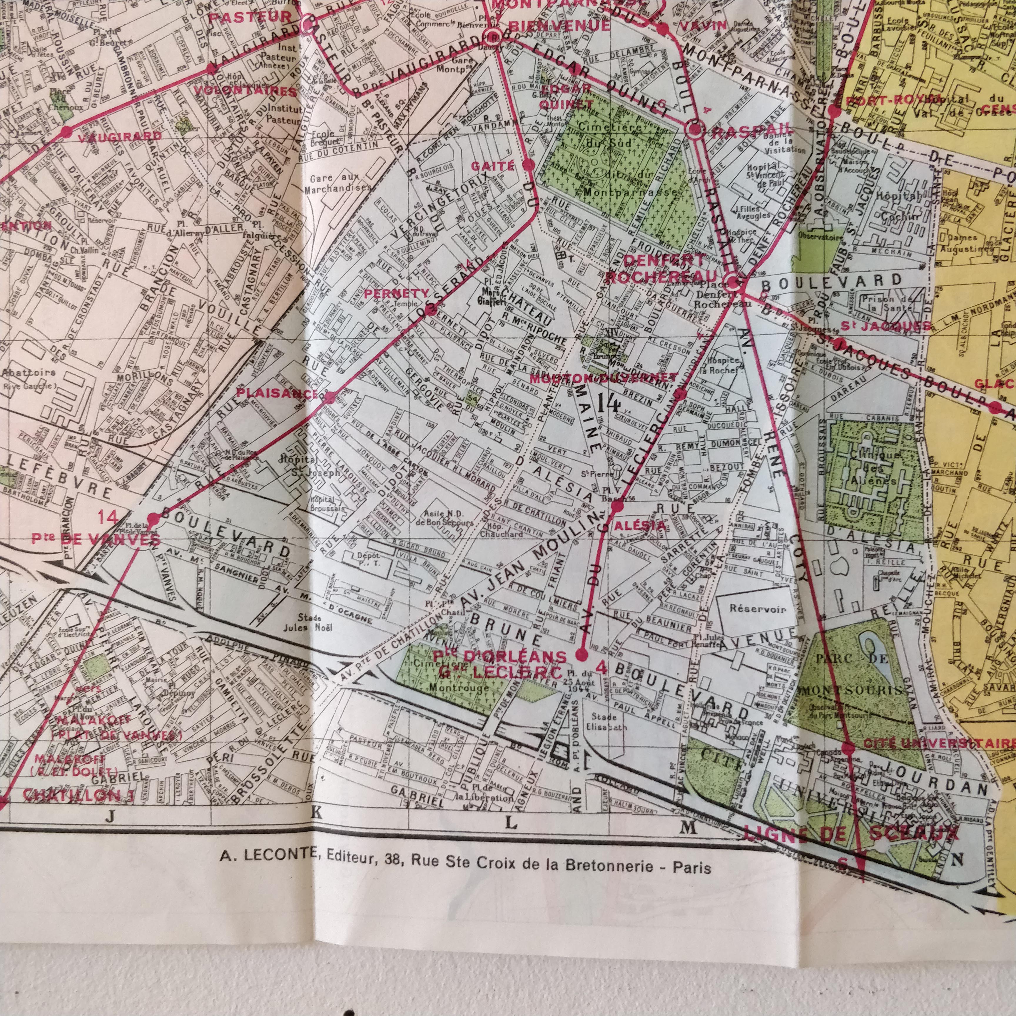 Map old Paris suburb 74x55cm edition A. Leconte 1970
