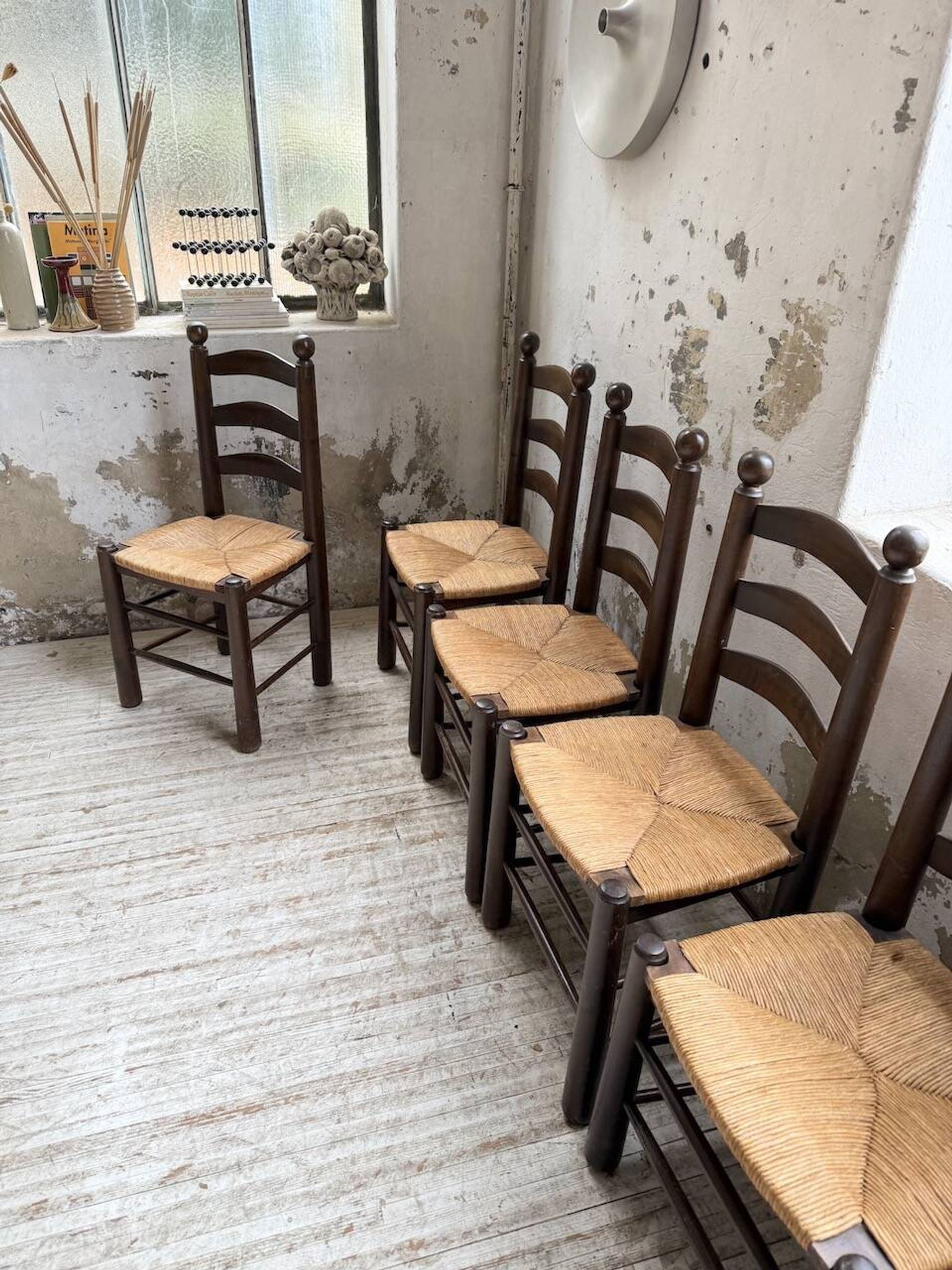 Straw chairs oak 1940s Dudouyt