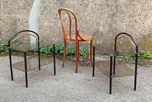 Paire de tables d'appoint, chevets en verre fumé, 1980