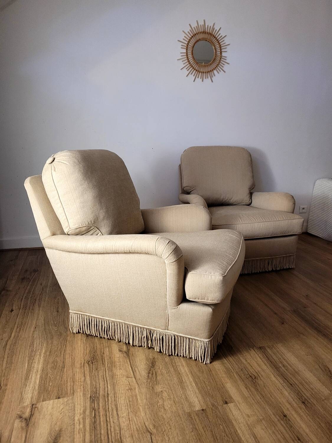 Vintage beige armchairs with fringes