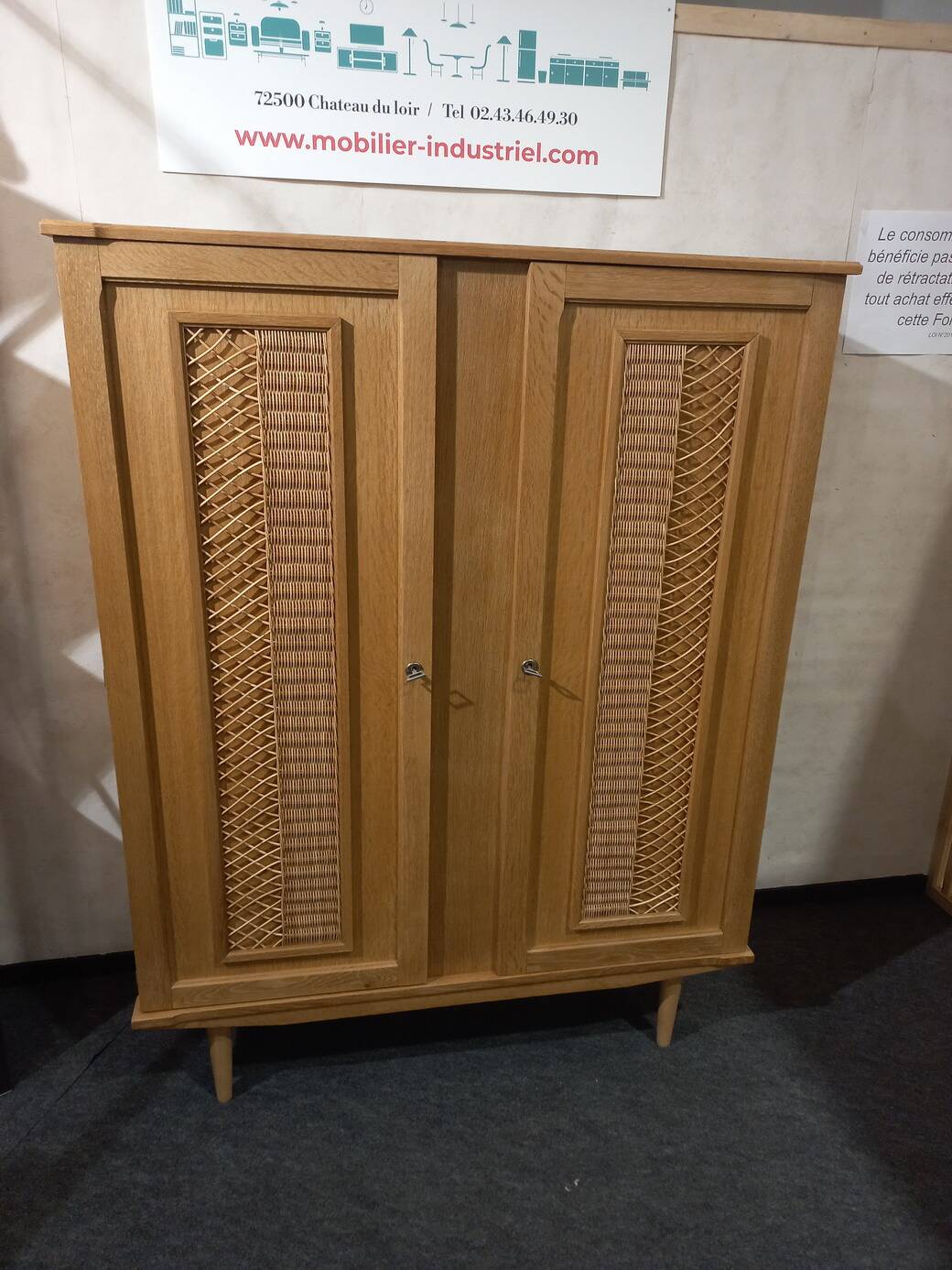 Vintage 70s rattan, wicker, and oak wardrobe