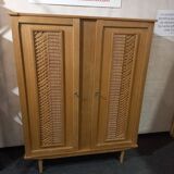 Vintage 70s rattan, wicker, and oak wardrobe