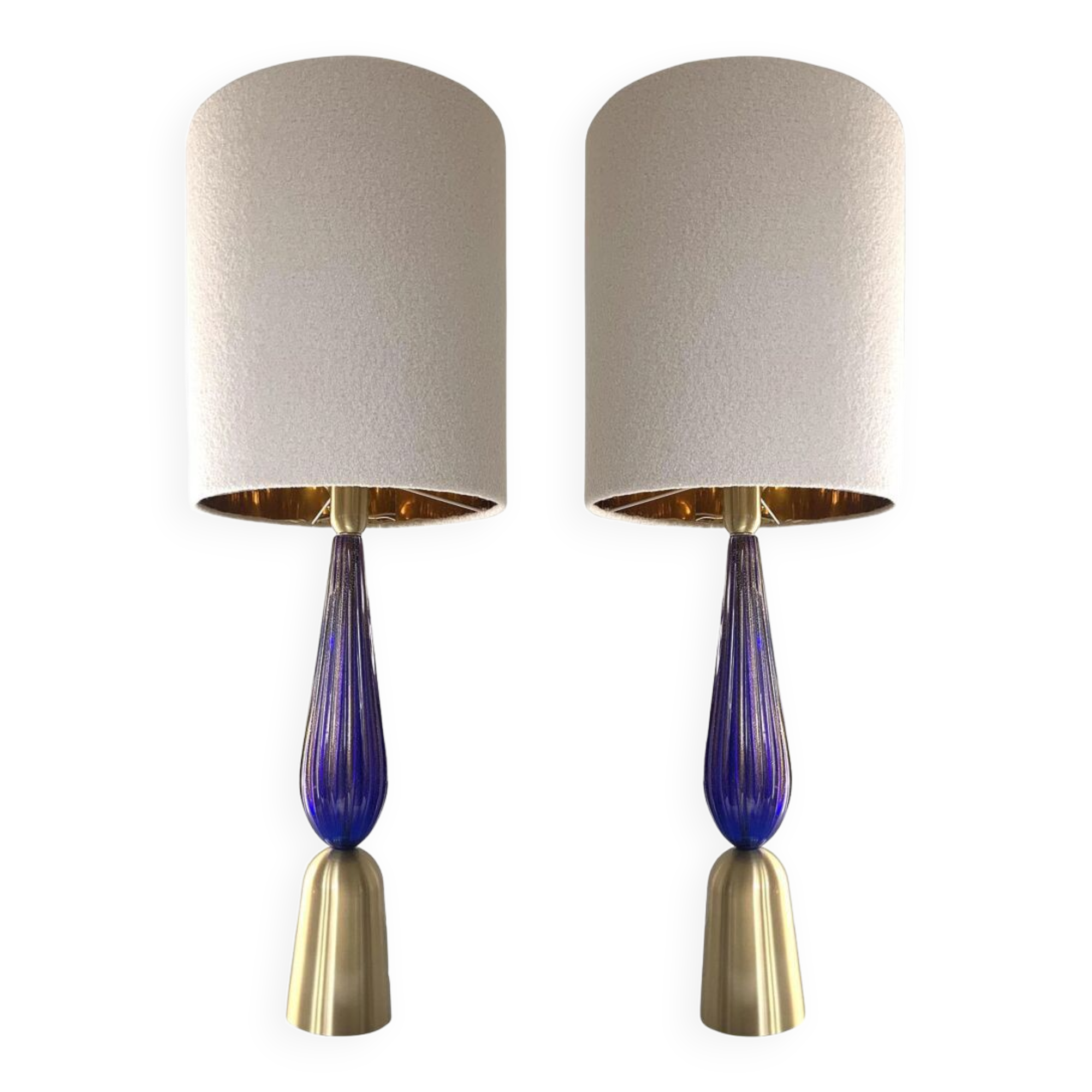 Murano glass table lamps Blu and gold with Bouclé lamp Lampshde by SimoEng