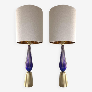 Murano glass table lamps Blu and gold with Bouclé lamp Lampshde by SimoEng