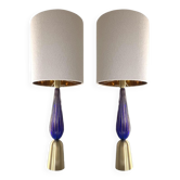 Murano glass table lamps Blu and gold with Bouclé lamp Lampshde by SimoEng