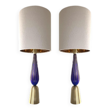 2 lampes de table en verre de Murano bleu et or