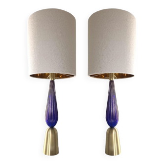 Murano glass table lamps Blu and gold with Bouclé lamp Lampshde by SimoEng