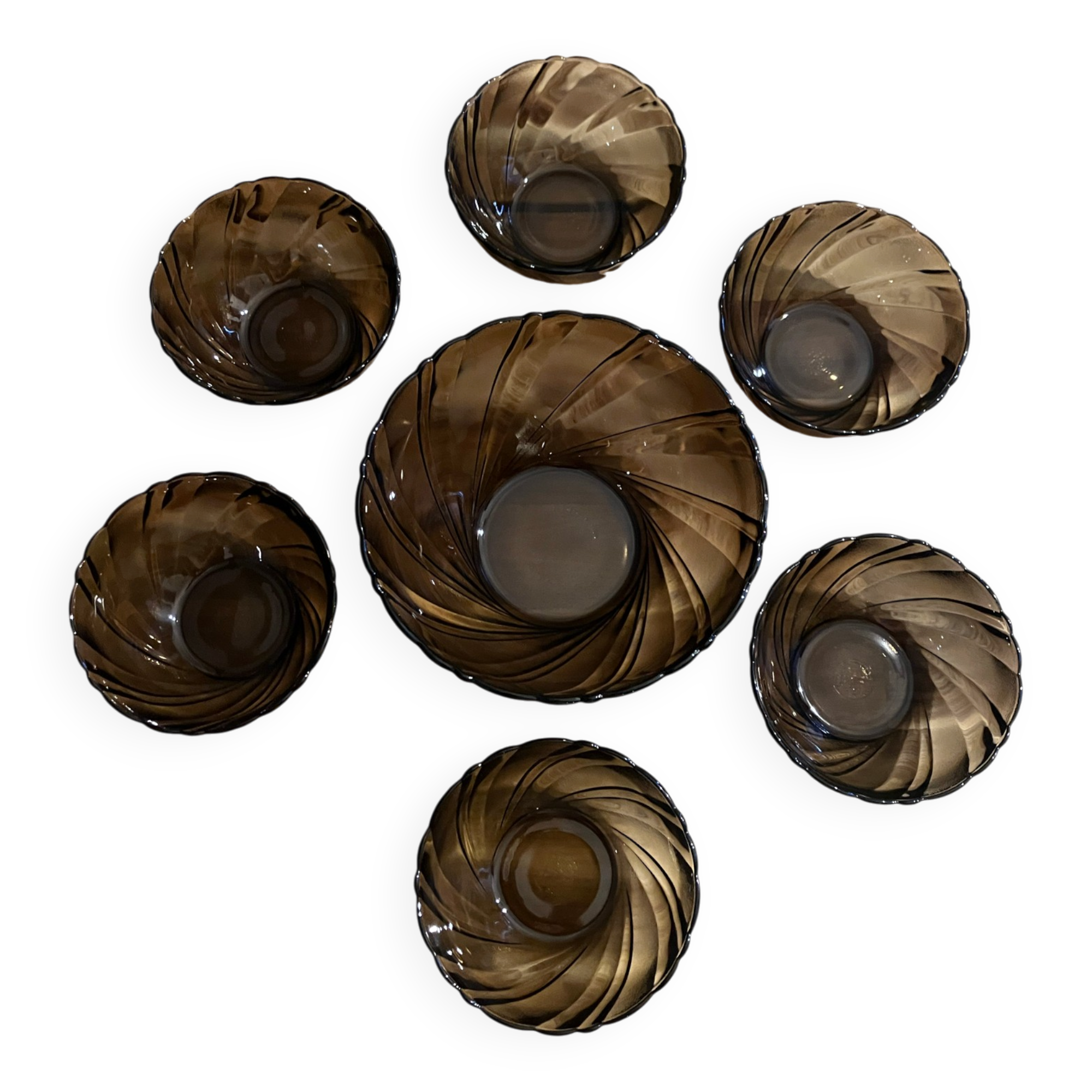 6 bowls + 1 large Duralex salad bowl beautiful Creole smoked glass