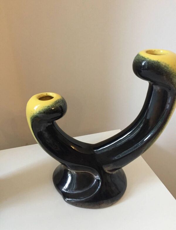 Paire de bougeoir 1950 en céramique jaune et noir dans le gout Vallaur