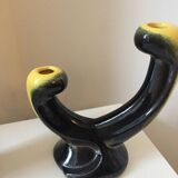 Pair of 1950s candlesticks in yellow and black ceramic in the Vallaur style