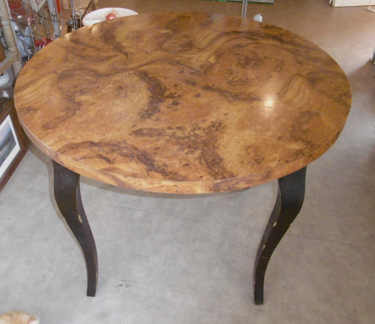 Round table art deco style - elm magnifying glass top and black wooden legs