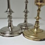 three brass and chrome candle holders early twentieth century