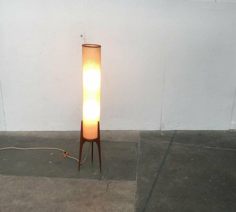 Mid-century tripod rocket floor lamp in teak, 1960s.