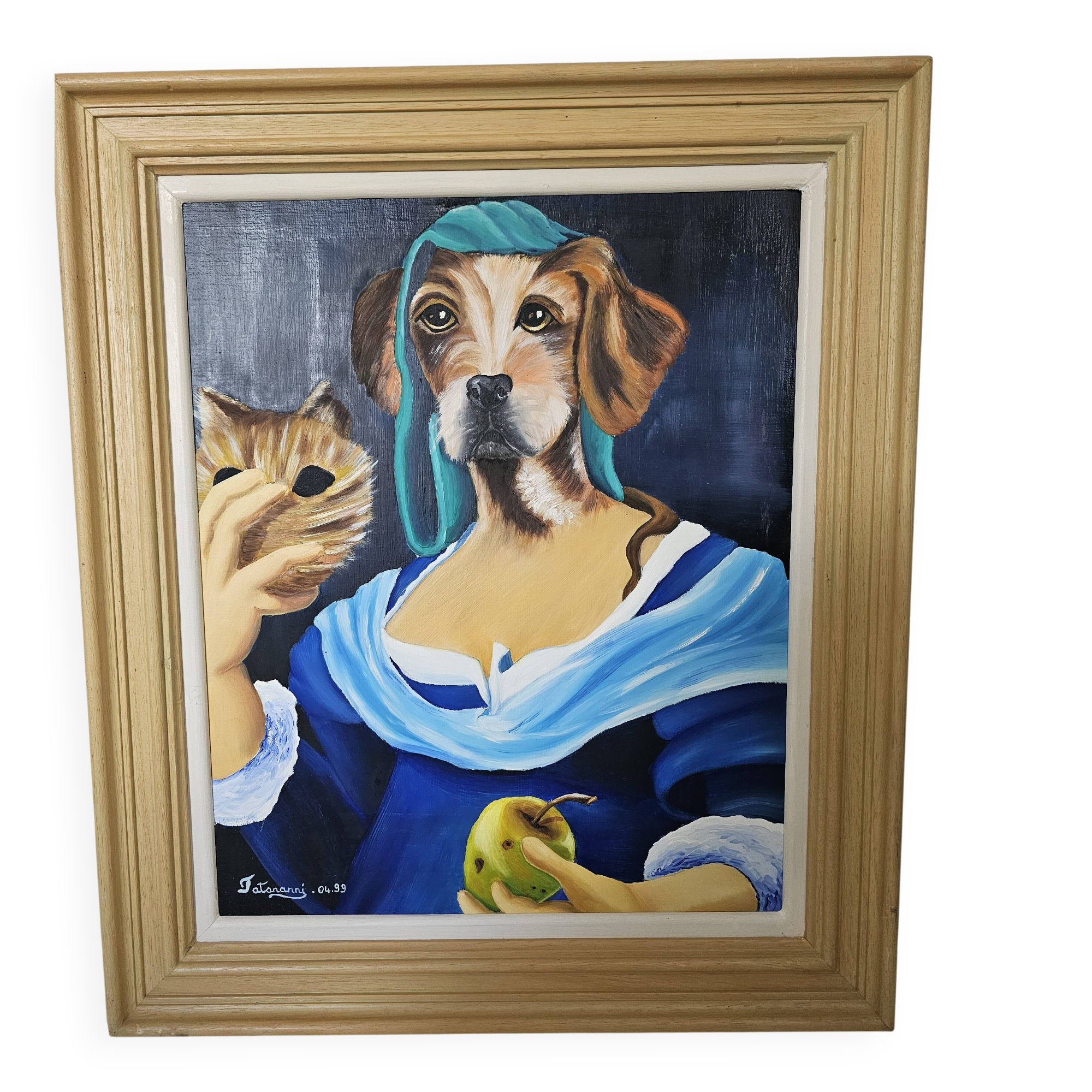 Oil painting on canvas, portrait of a woman with a dog, signed Patricia Tatananni