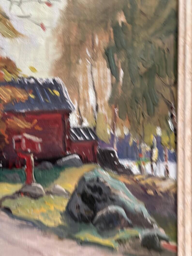 Original Swedish Oil on Canvas – "Path to the Red Cabins" by Karl Gustaf Strandberg (1891–1981) – Signed – Vintage and Framed – 50 × 43 cm (19.7 × 16.9 inches)