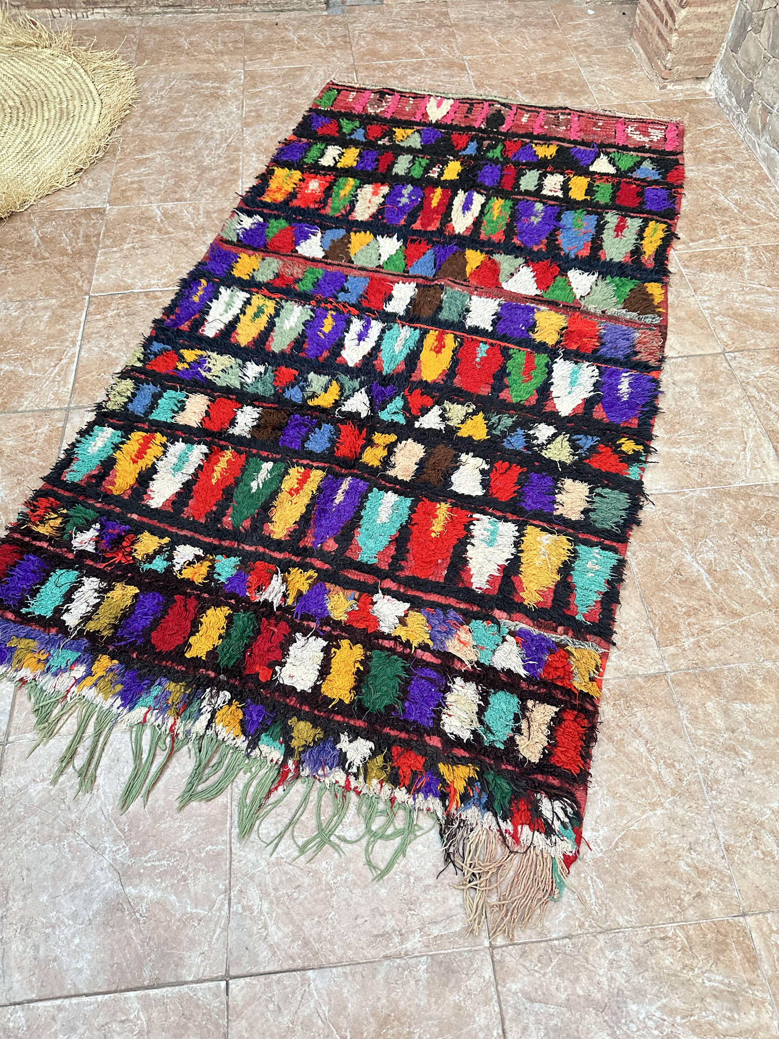 Vintage Moroccan Boujaad rug: Small abstract red Boucherouite rug.