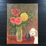 Bouquet of roses and poodle painting