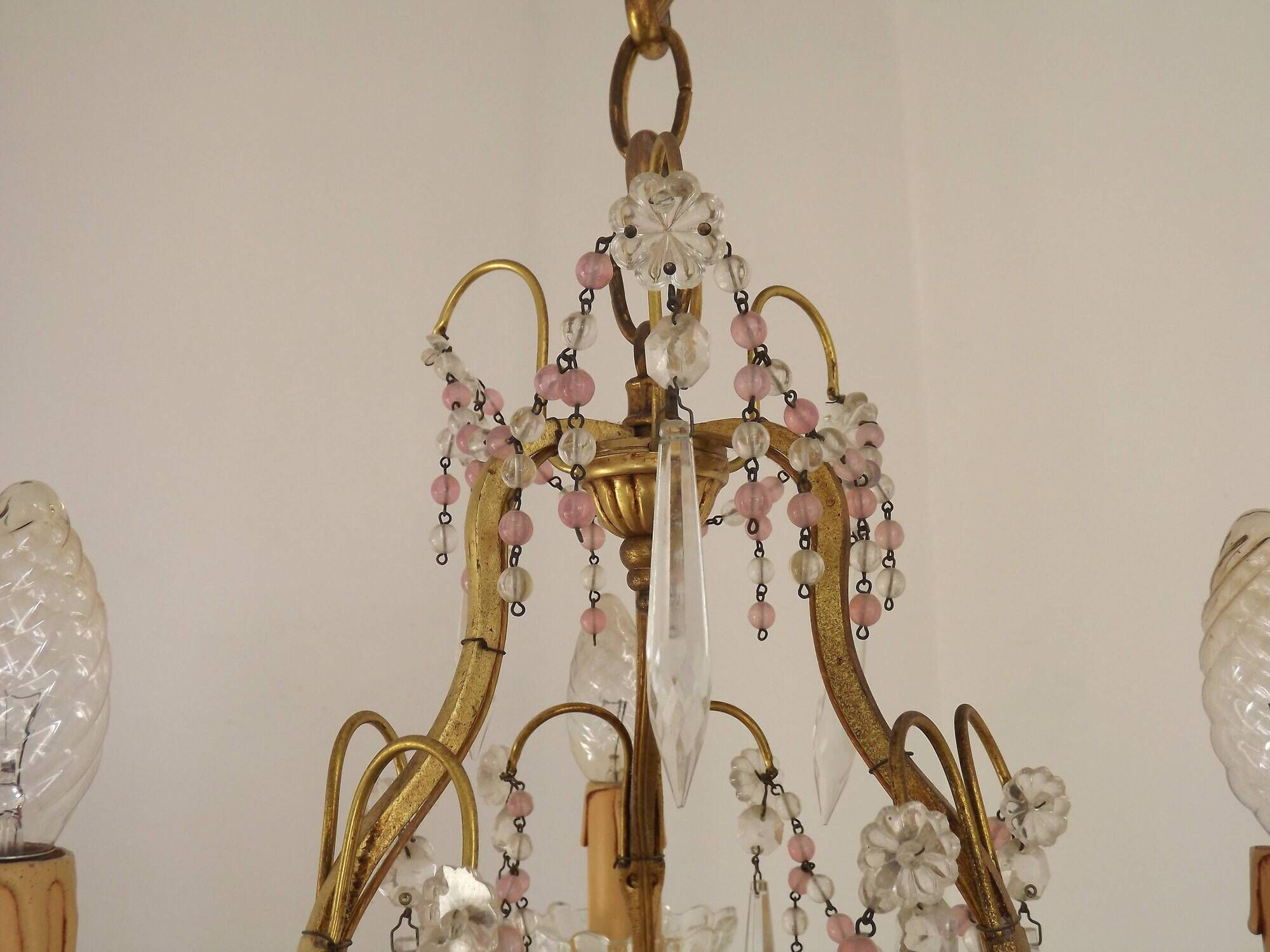 French gilt bronze three-light cage chandelier with pink and clear beaded swags.