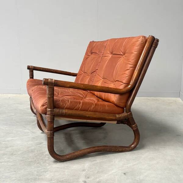 Canapé vintage en bambou et cuir, années 1970