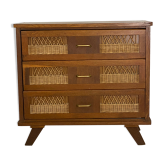Commode vintage pieds compas rotin