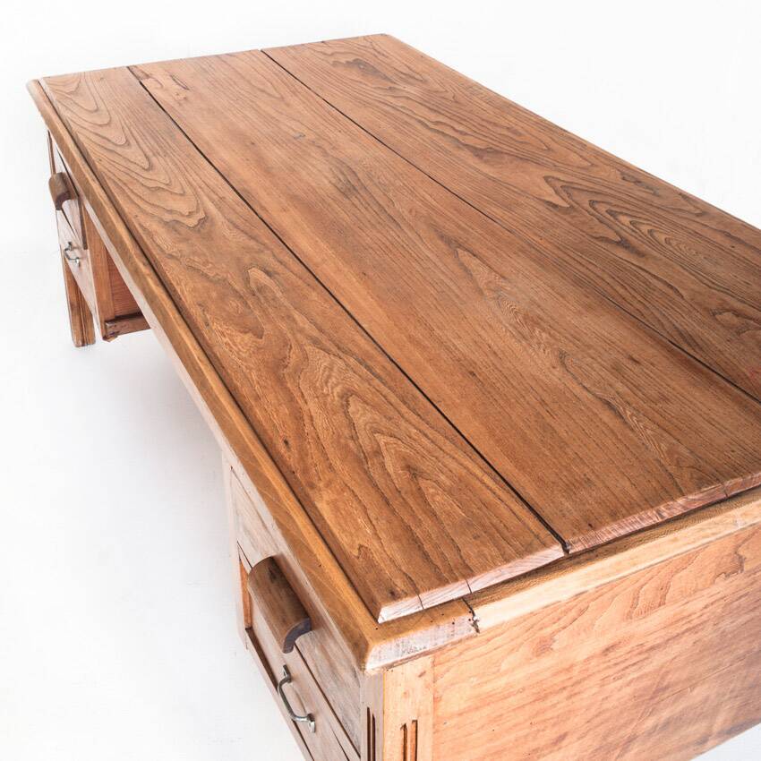Large vintage two-seater desk. Solid chestnut wood. Restored. France, 1940s
