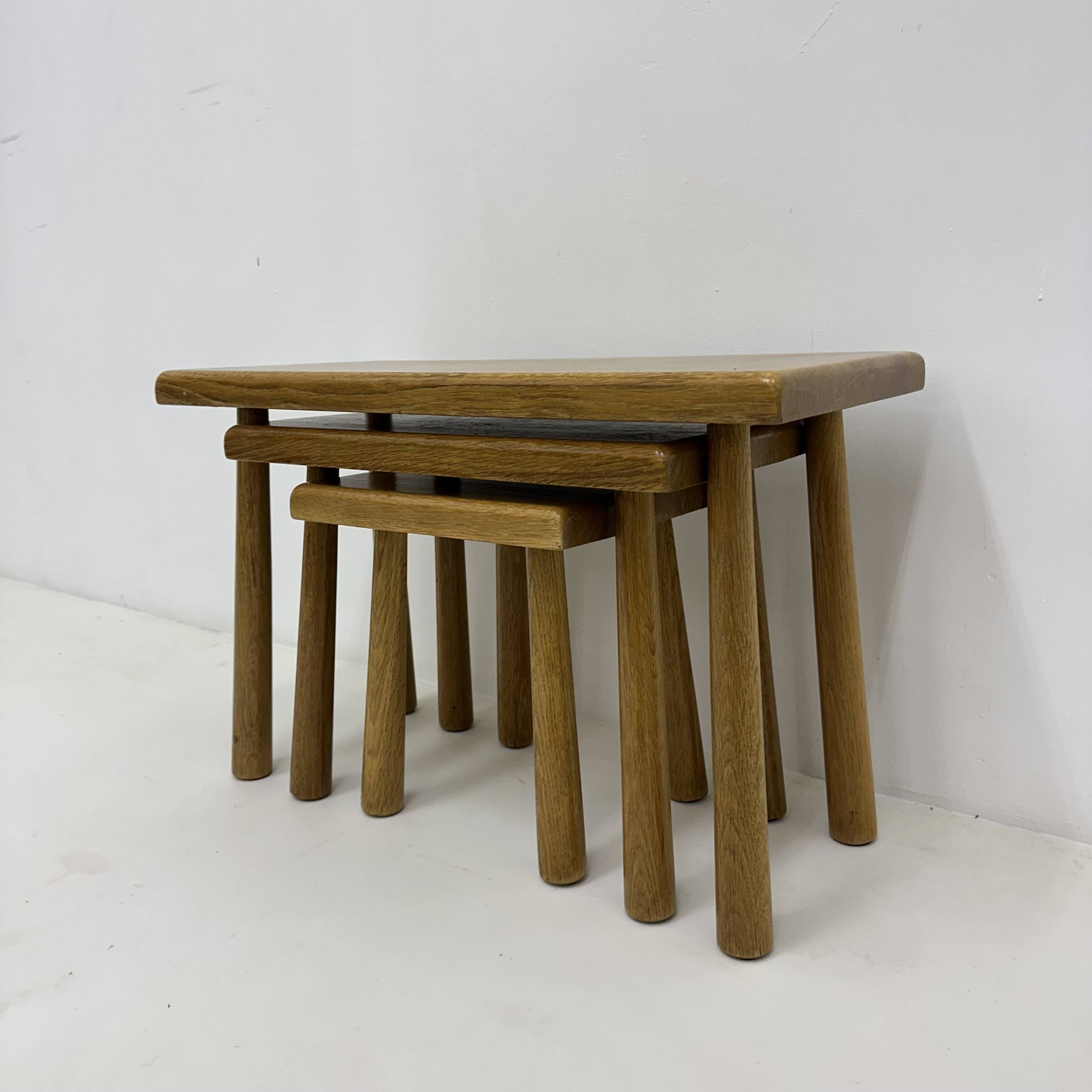 Set of nesting tables solid oak wood brutalist , 1970s