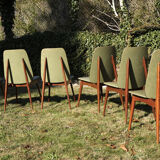 Set of 6 chairs style scandinavians in green leatherette and wood 60s vintage
