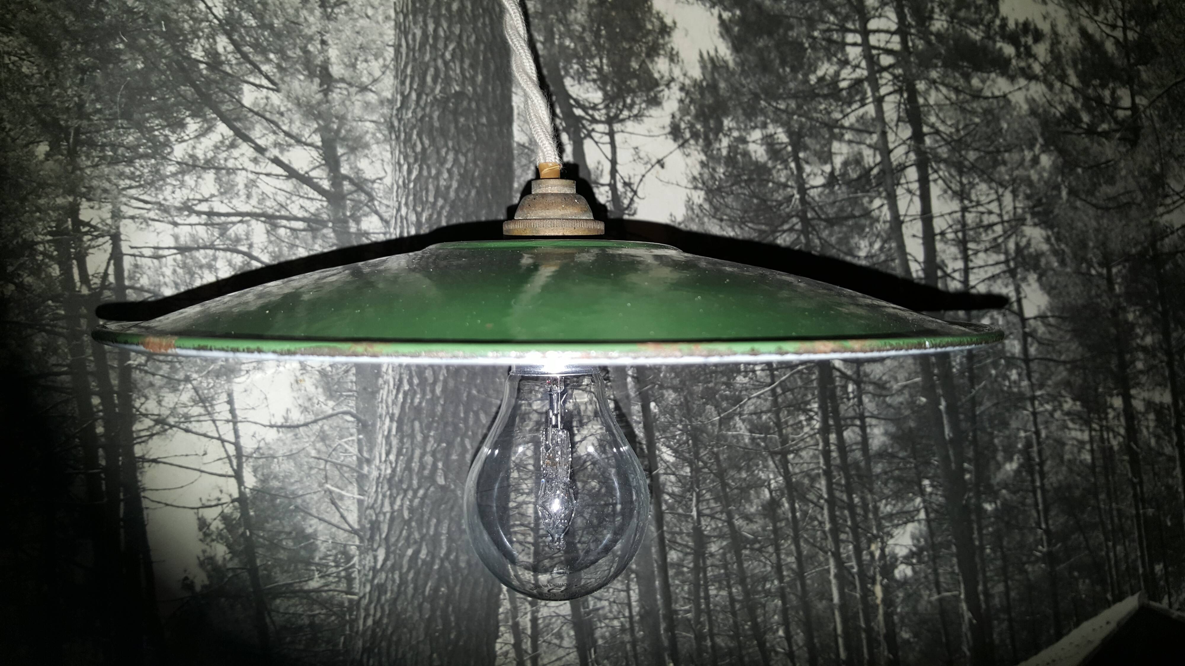 Green and white enamelled metal lampshade