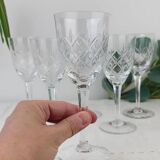 6 vintage cut crystal water glasses – Lorraine Lemberg Glassworks with original label (1950s–1970s)