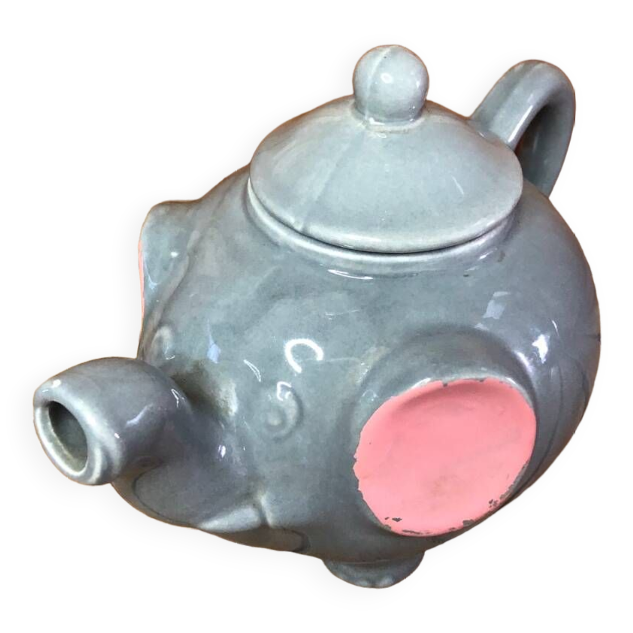 Ancienne théière forme éléphant céramique grise & rose vintage #a472
