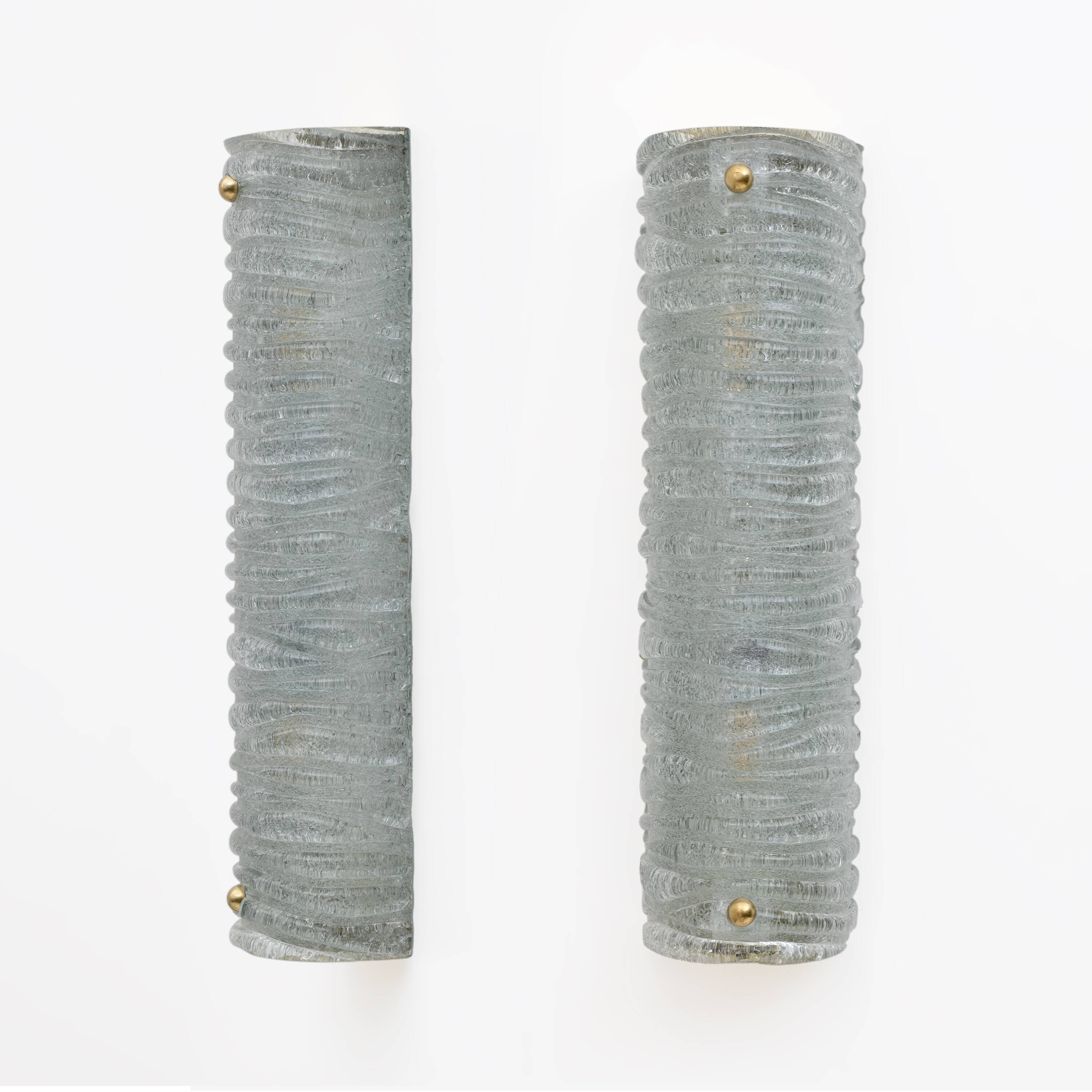 Pair of Barovier & Toso Art Deco Brass and Aquamarine Murano Glass Sconces