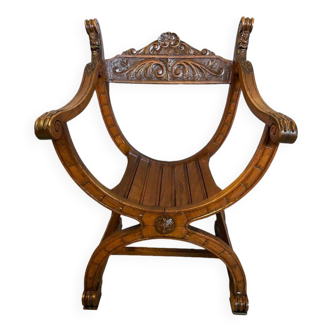 Antique Dagobert Curule Armchair Seat Carved Walnut Wood Renaissance Style