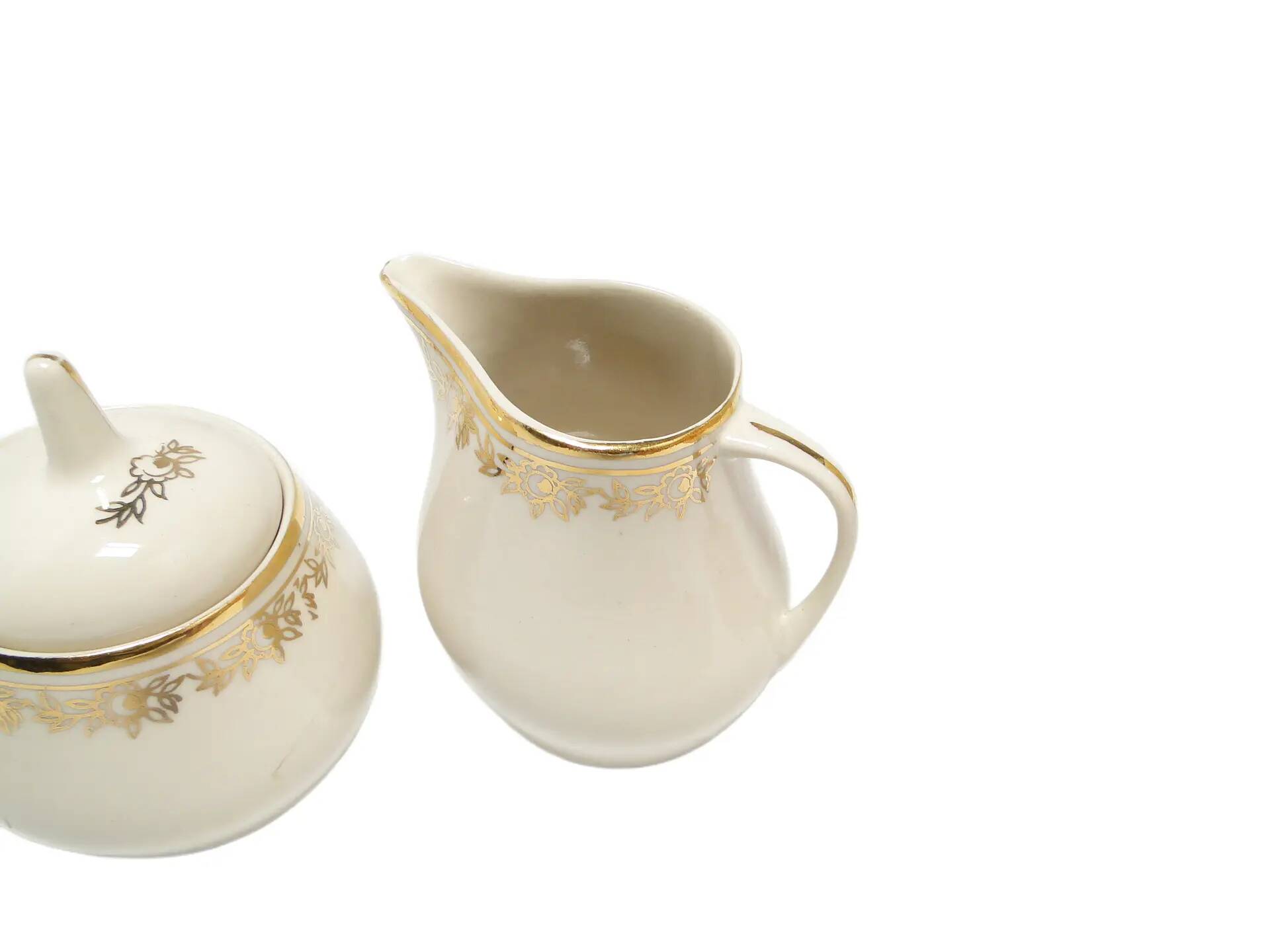 Ewa sugar bowl and creamer, mid-century modern, ivory white porcelain, Poland, 1970s.