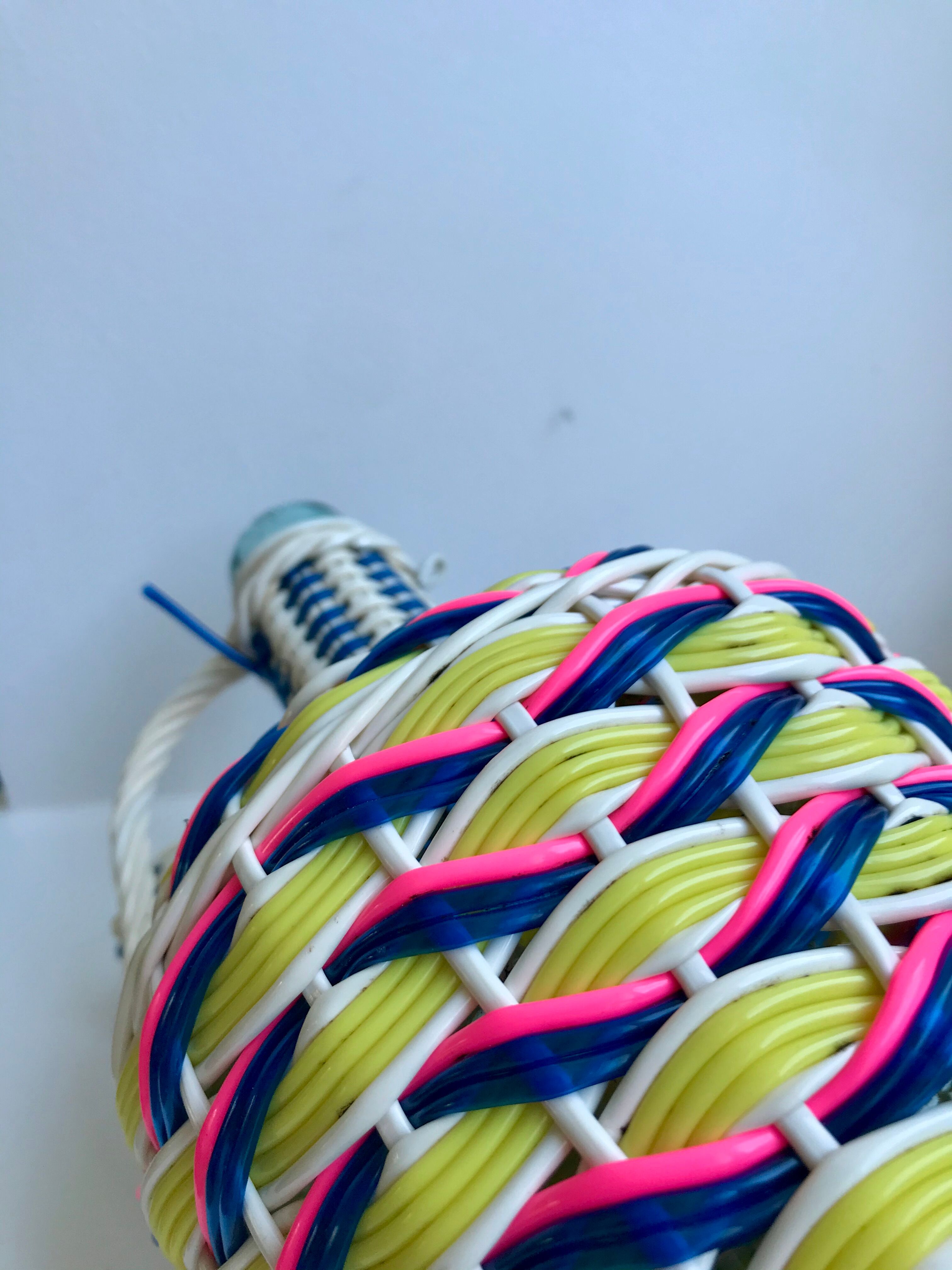 Scoubidou bottle with blue pink and yellow handle 70s