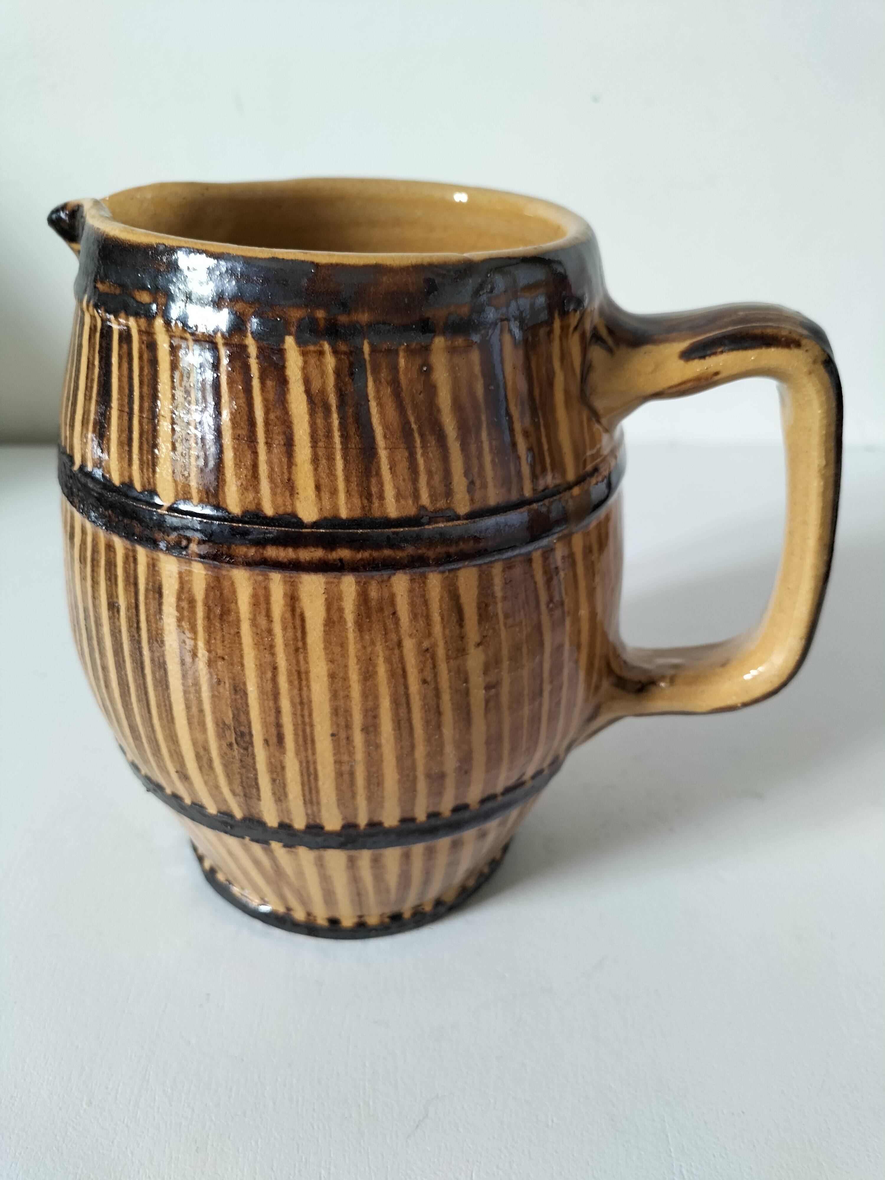 Large vintage pitcher with trompe l'oeil effect, barrel in glazed stoneware, 1950s