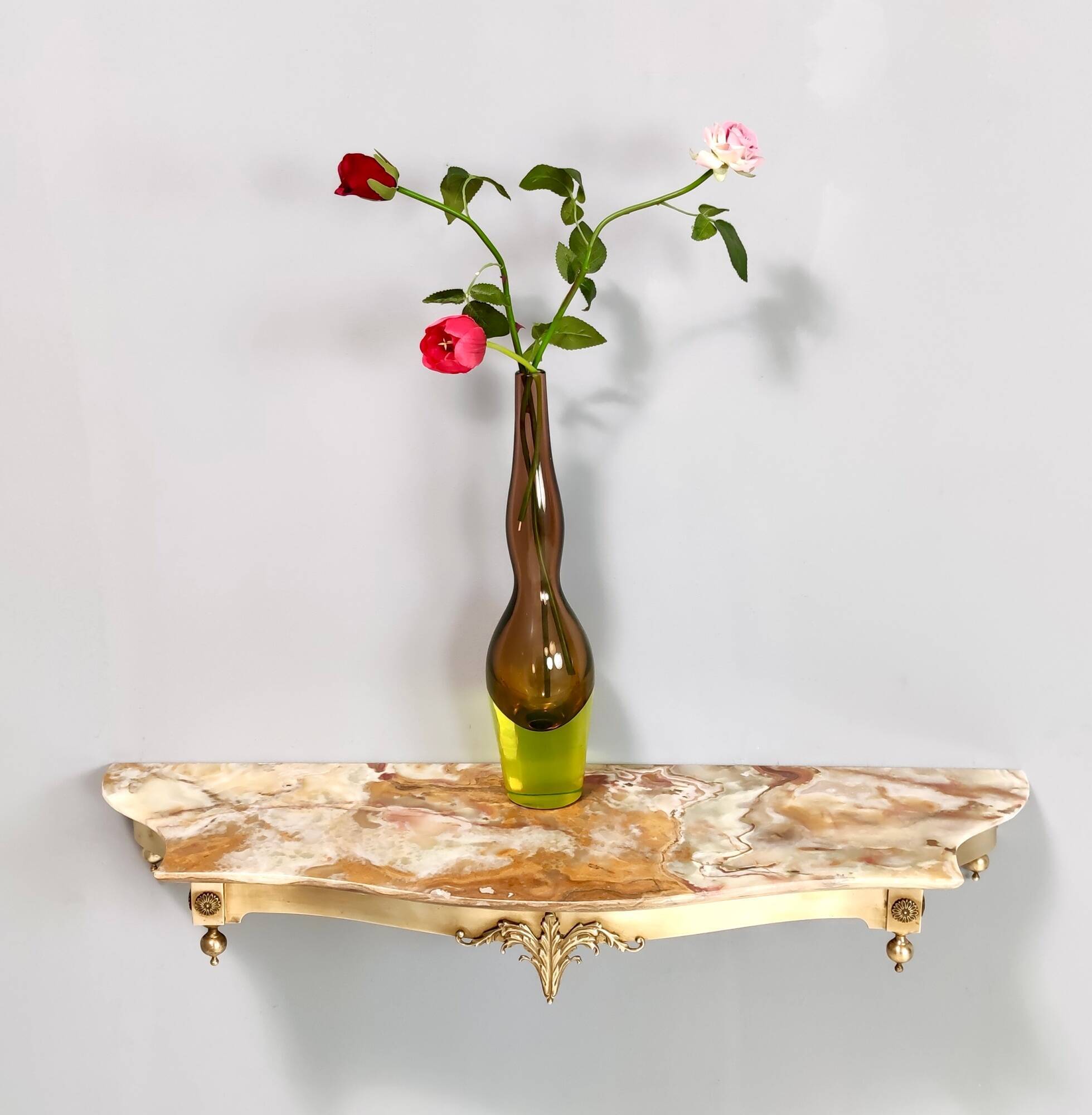 Vintage Wall-Mounted Brass Console Table with Yellow Onyx Top, Italy