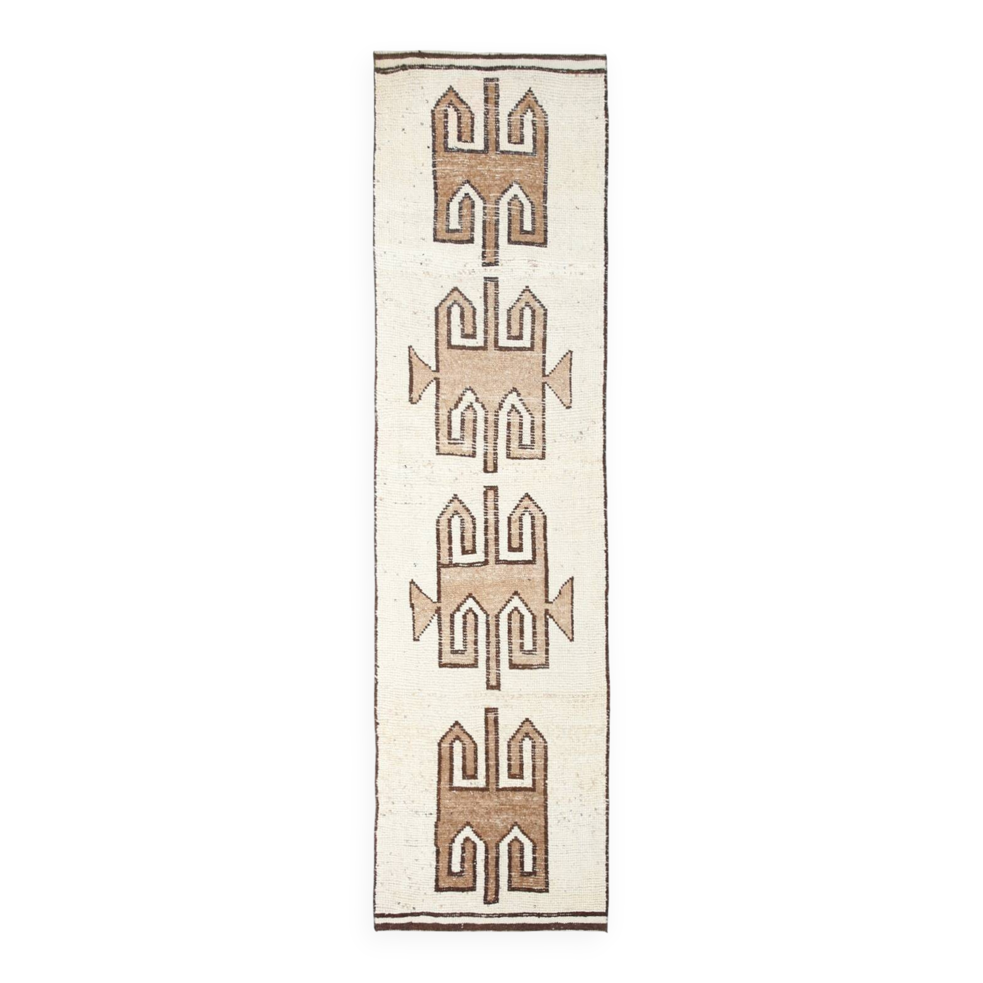 Beige Brown Oriental Persian Runner Rug, 88x351Cm