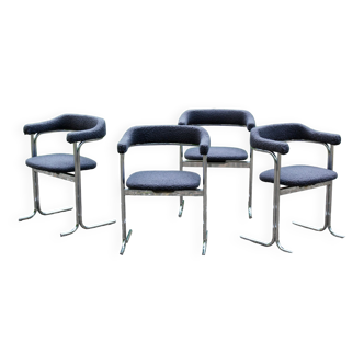 Set of 4 Space age chairs, chrome steel and buckle fabric
