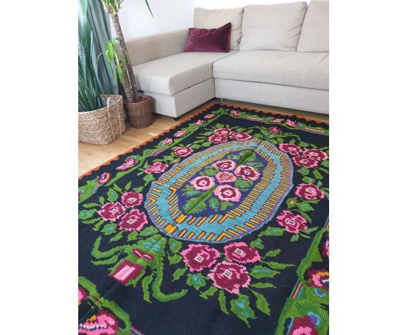 Floral handwoven green and fuchsia rug, made in wool, bohemian design  170x232cm | Selency