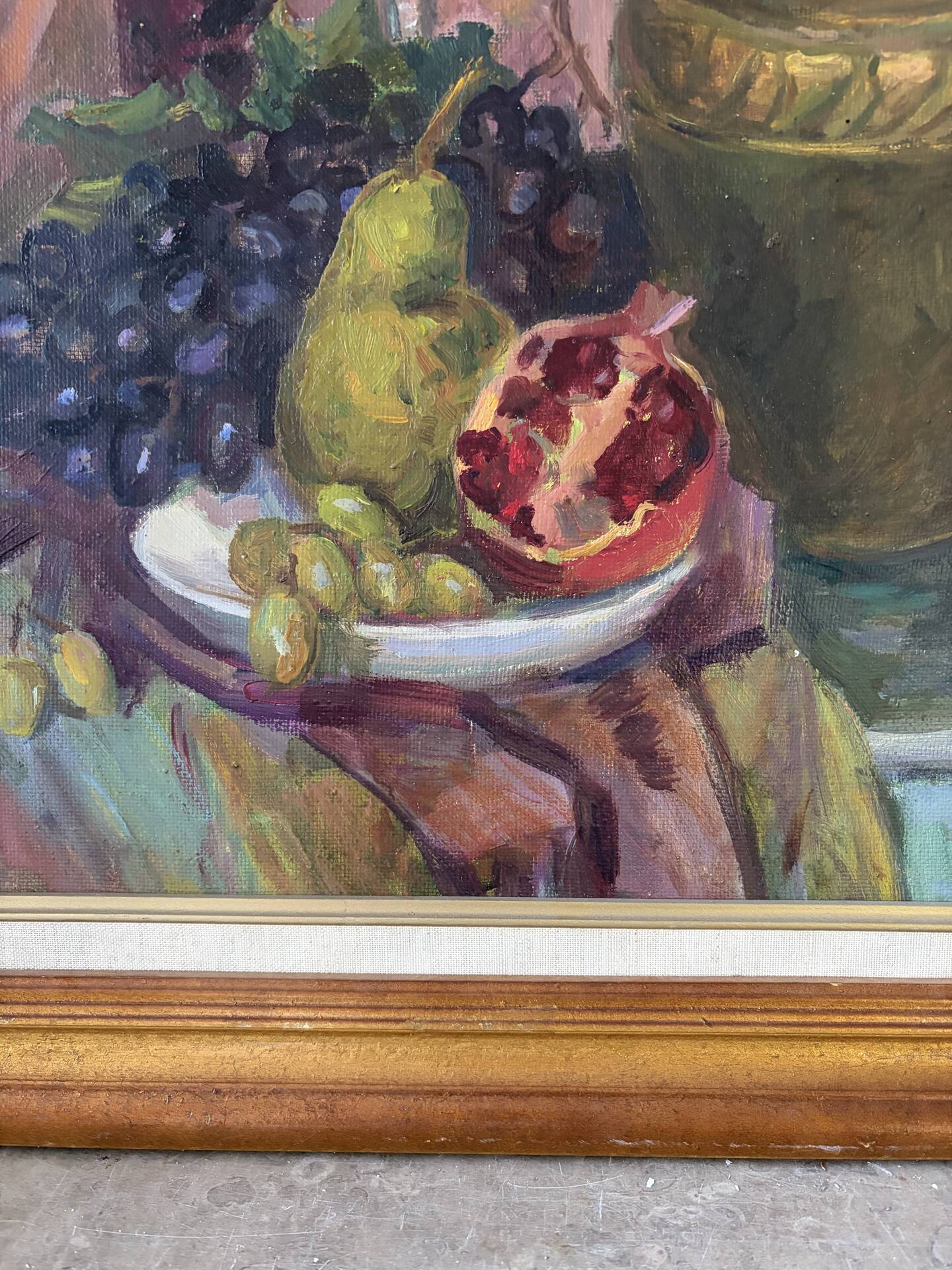 Russian still life with fruits and jug, oil on canvas signed 1986