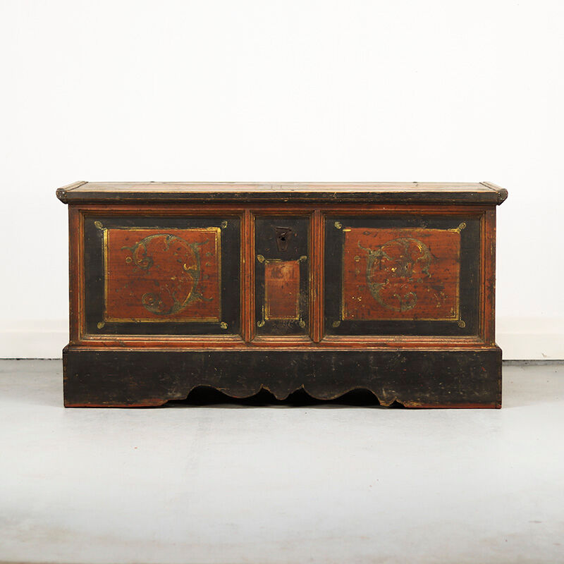 Very large painted folk art rustic farmhouse bridal chest / dresser