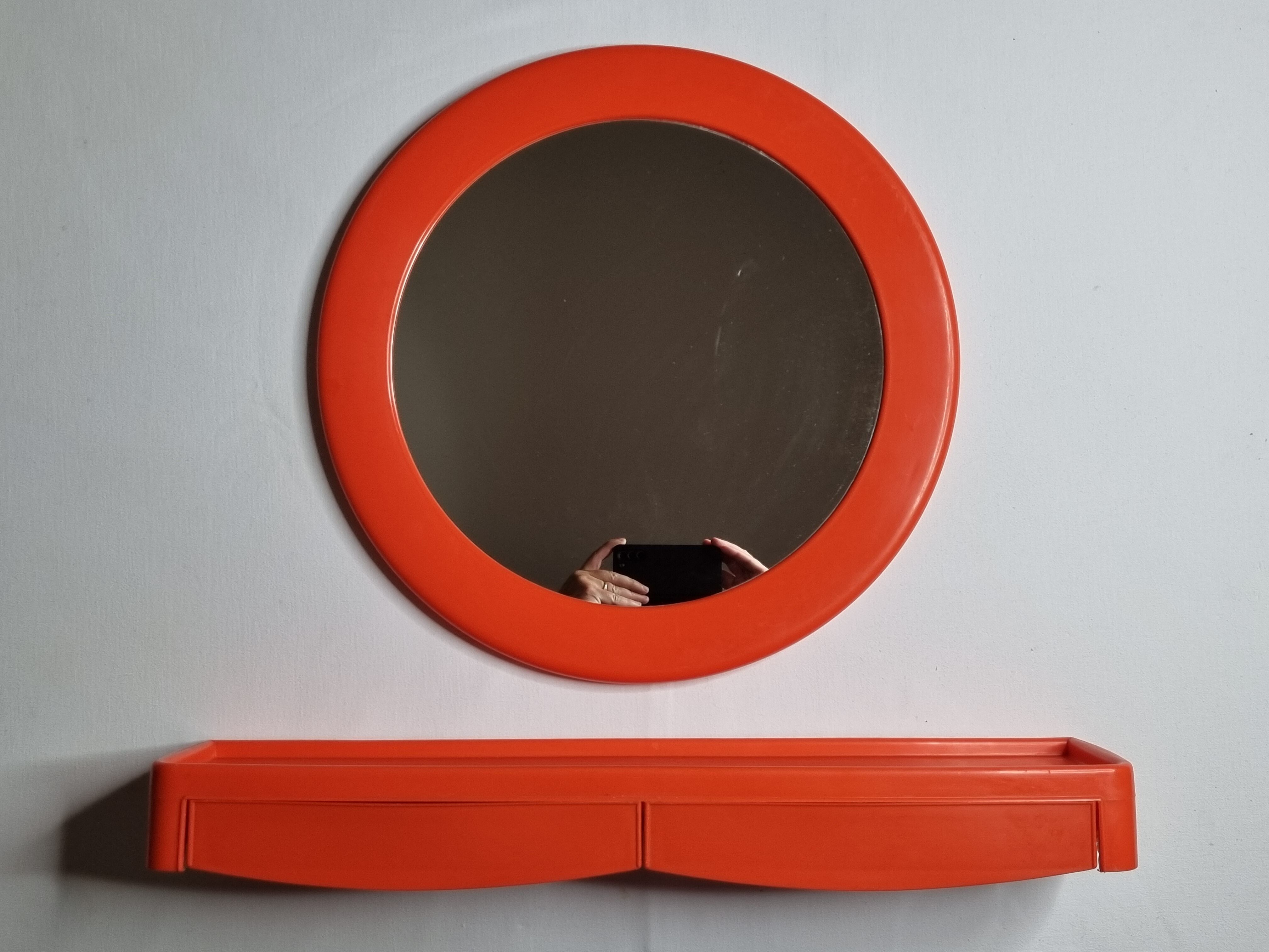 Miroir Syla vintage et étagère de salle de bain, orange, années 70