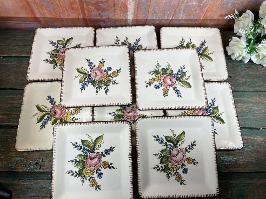 10 Square Dessert Plates by Emile Tessier, Malicorne